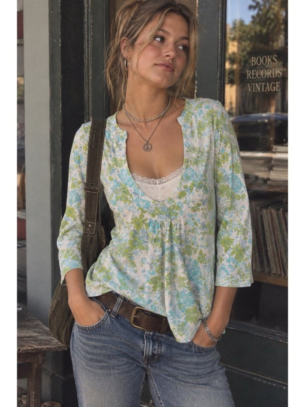 Y2k Vintage Woo Anthropologie Womens Thermal Top Sz Medium Green Floral Shirt